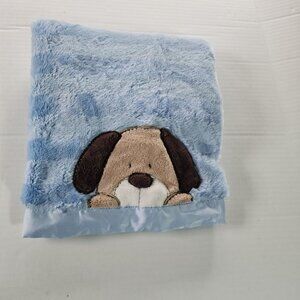Carter's baby blanket blue stripes peeking puppy dog satin trim and reverse